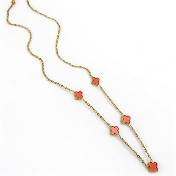 Petite Light Coral 5 Clovers Necklace Double Sided Stainless Steel - Picture 1 of 12